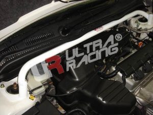 Ultra Racing 2-Point Front Upper Strut Tower Bar (Civic 01-05 3dr EP1/EP2/EP3) 6 Ultra Racing EP3 front strut bar in white across the engine bay of a Honda Civic
