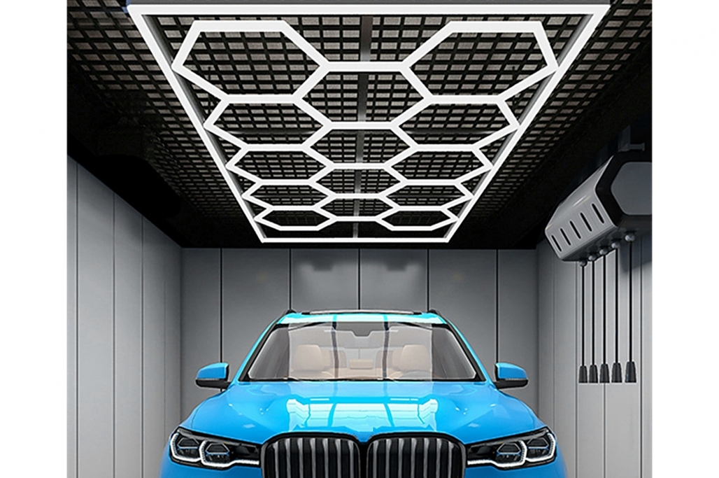 How To Transform Your Garage To A Showroom! 4 Close-up of modular LED hexagon light system forming honeycomb pattern
