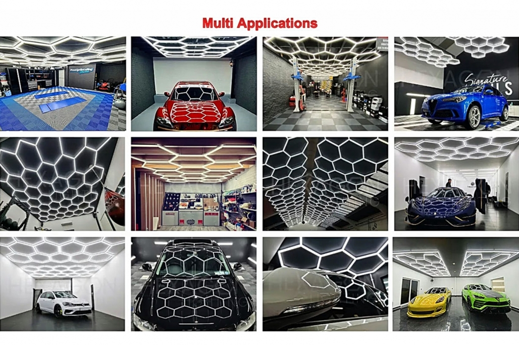 How To Transform Your Garage To A Showroom! 3 LED hexagon honeycomb lighting system illuminating a garage ceiling