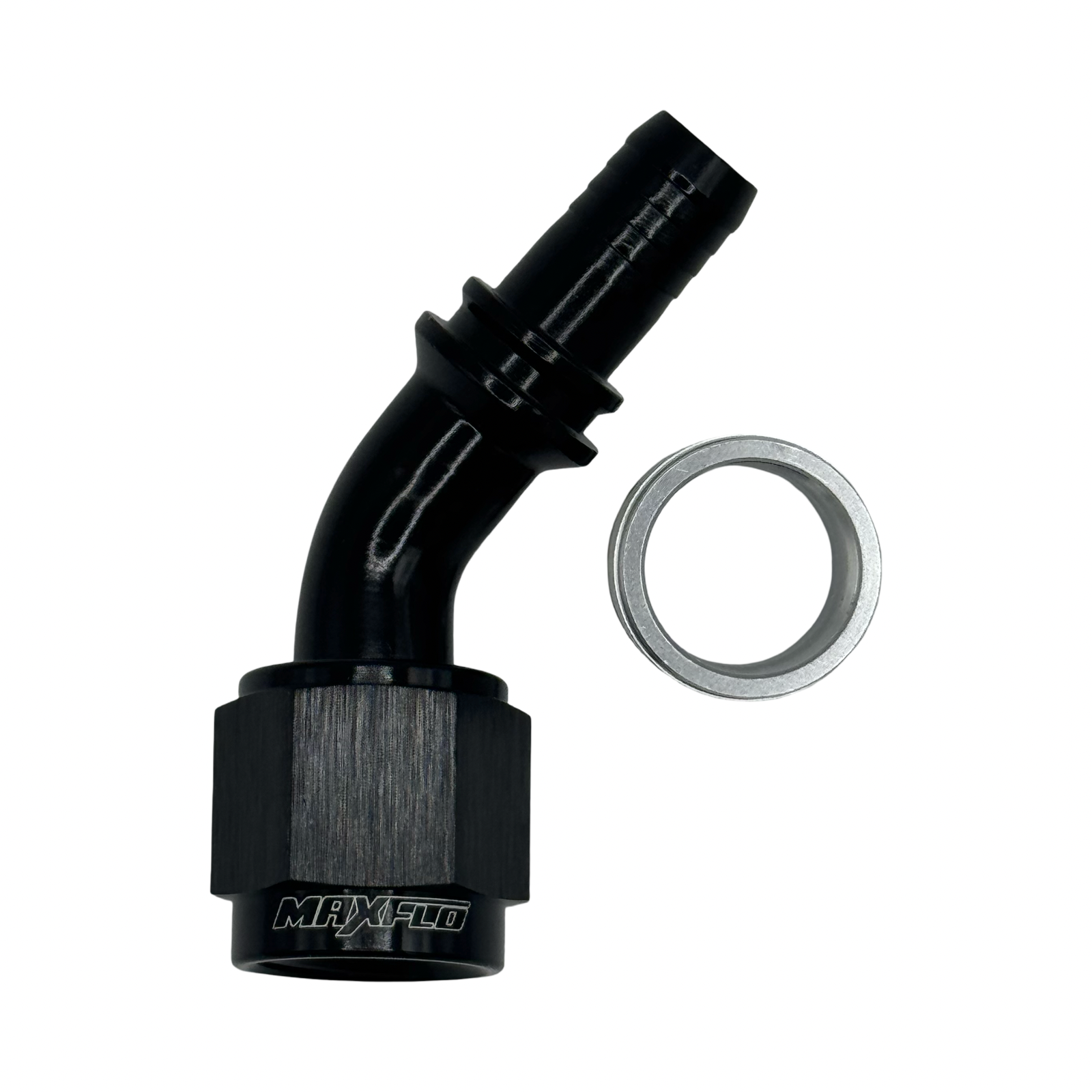 MaxFlo Motorsport - AN06 45 Degree PTFE Crimp Hose End - Black 2 MaxFlo Motorsport - AN06 45 Degree PTFE Crimp Hose End - Black - Image 2