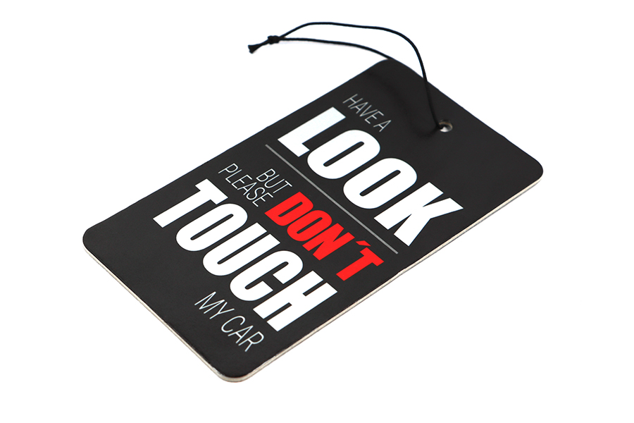 Don't Touch My Car Air Freshener – New Car Scent 3 Don't Touch My Car Air Freshener – angled view with hanging cord