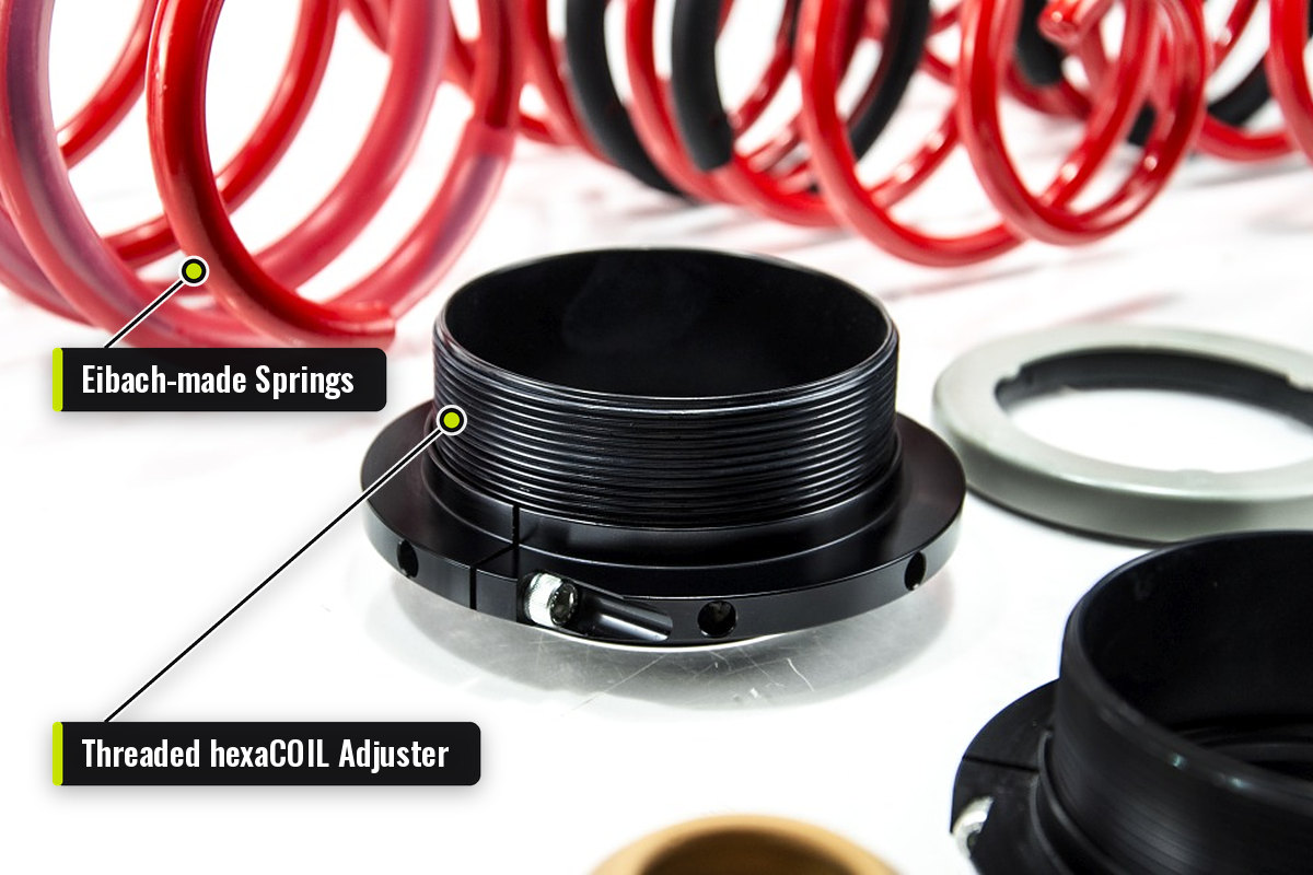 MTS Technik Adjustable Lowering Springs: Set Your Own Drop and Keep Your Factory Dampers 2 MTS adjustable lowering springs: close-up of the threaded hexaCOIL height adjuster and red Eibach-made springs from the MTS Technik Adjustable Springs kit